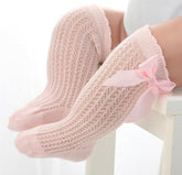 Toddler Girls Knee High Socks Tights Leg Warmer Ribbon Bow Solid Cotton Stretch