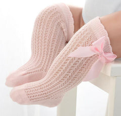 Toddler Girls Knee High Socks Tights Leg Warmer Ribbon Bow Solid Cotton Stretch
