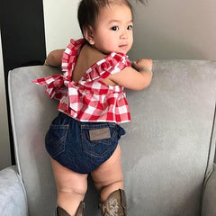 Children Plaid Top Denim Shorts Headdress Three-piece Set