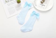 Toddler Girls Knee High Socks Tights Leg Warmer Ribbon Bow Solid Cotton Stretch