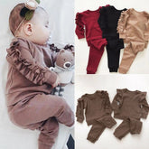 Baby Girls Ruffles Jumper Solid Long Sleeve Sweatshirt Tops Pants Infant Kids 2Pcs
