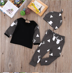 Deer Tops T Shirt Long Sleeve Pants Casual Hat 3pcs Outfit.
