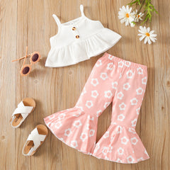 Children's Summer Spaghetti-strap Floral Print Cotton Flared Pants Suit