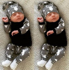 Deer Tops T Shirt Long Sleeve Pants Casual Hat 3pcs Outfit.