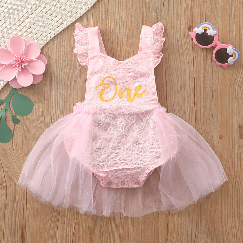 Baby Flounced Sleeve Lace Composite Mesh Floral Print Romper