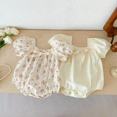 Small Floral Bow Baby Girl Bubble Sleeve Harness Crawl Clothes