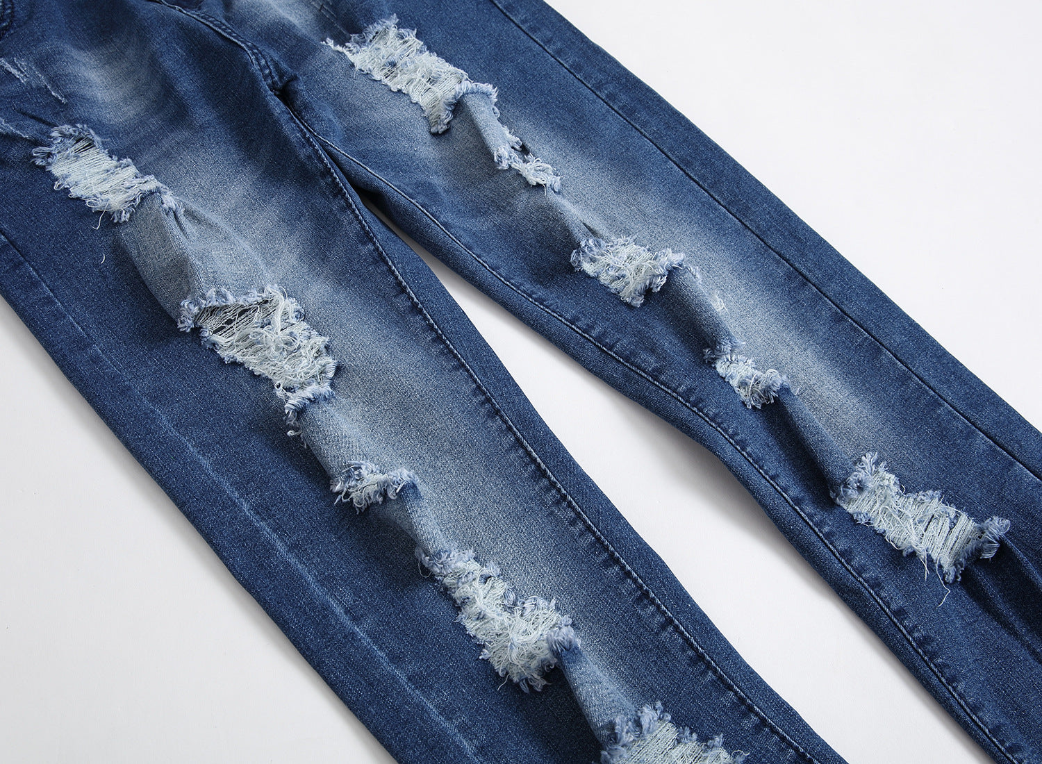 Multi-holes, Blue Elastic Men's Jeans Slim-fitting Small Straight