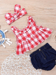 Children Plaid Top Denim Shorts Headdress Three-piece Set