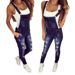 Sports Double Shoulder Strap Ripped Denim Jumpsuit Women's Casual