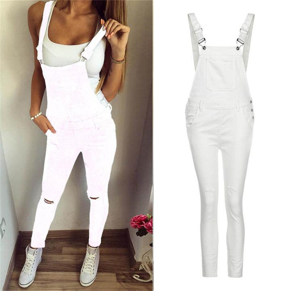 Sports Double Shoulder Strap Ripped Denim Jumpsuit Women's Casual