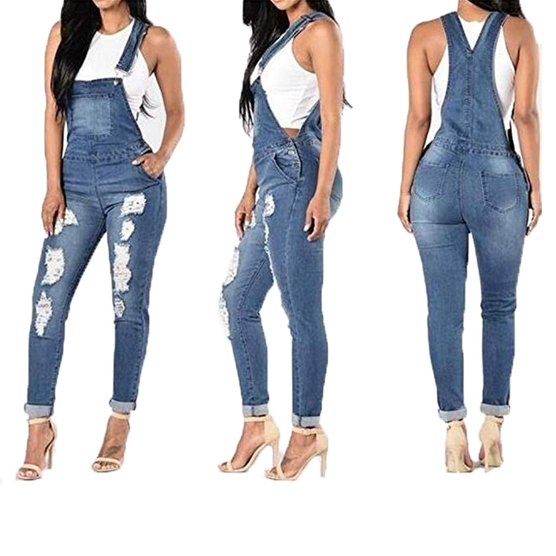 Sports Double Shoulder Strap Ripped Denim Jumpsuit Women's Casual