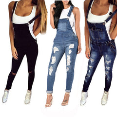 Sports Double Shoulder Strap Ripped Denim Jumpsuit Women's Casual