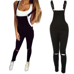 Sports Double Shoulder Strap Ripped Denim Jumpsuit Women's Casual