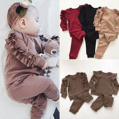 Baby Girls Ruffles Jumper Solid Long Sleeve Sweatshirt Tops Pants Infant Kids 2Pcs