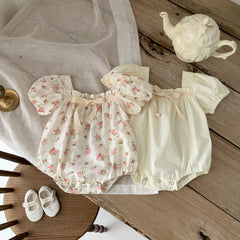 Small Floral Bow Baby Girl Bubble Sleeve Harness Crawl Clothes