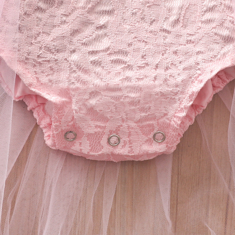 Baby Flounced Sleeve Lace Composite Mesh Floral Print Romper