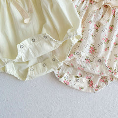 Small Floral Bow Baby Girl Bubble Sleeve Harness Crawl Clothes
