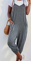 Solid Patched Pockets Overall Jumpsuit - Versatile V-neck Design For Spring & Summer - Women's Clothing - For Fashionable Women - Perfect For Casual & Outdoor Occasions - Great Gift For Birthday & Hol
