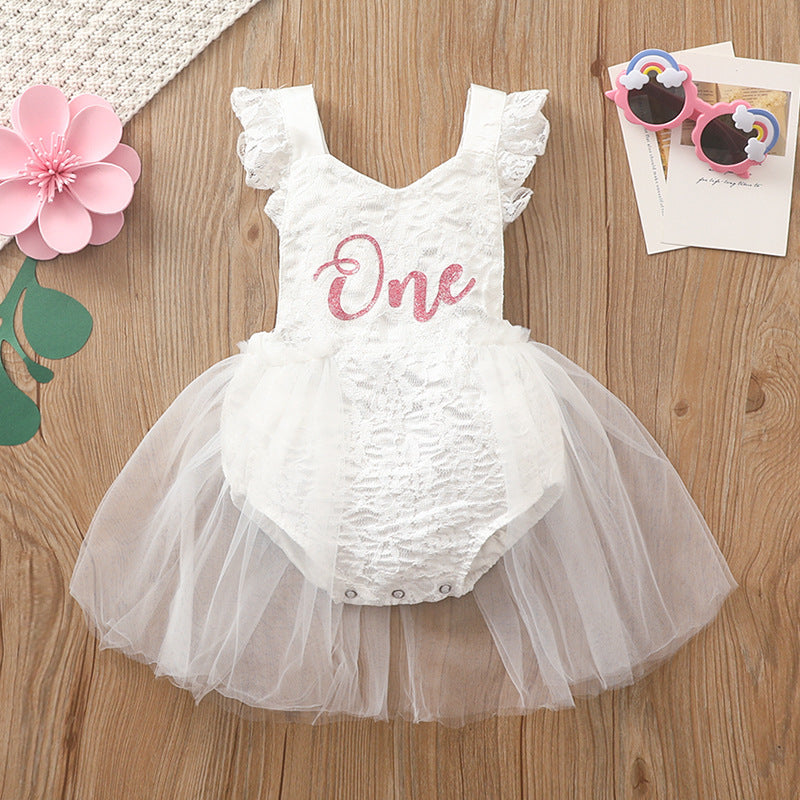 Baby Flounced Sleeve Lace Composite Mesh Floral Print Romper