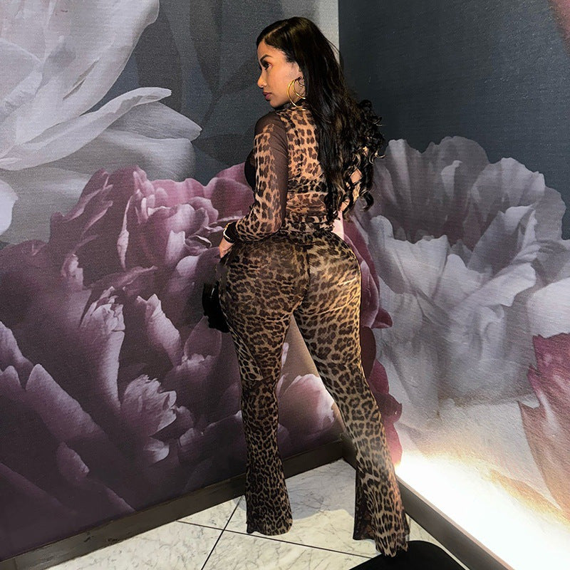 Spandex Graceful And Fashionable Leopard Print Two-piece Set For Women