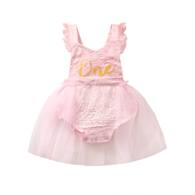 Baby Flounced Sleeve Lace Composite Mesh Floral Print Romper