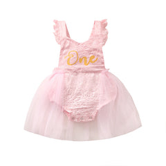 Baby Flounced Sleeve Lace Composite Mesh Floral Print Romper